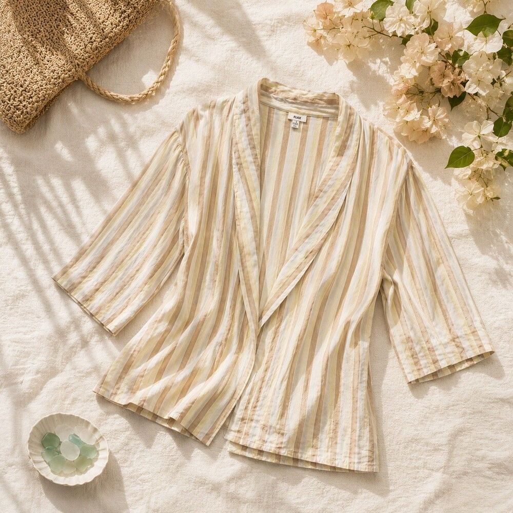 Amuse Society Striped Kimono Cover Up Beige Brown Boho Resort Layer Cooling S